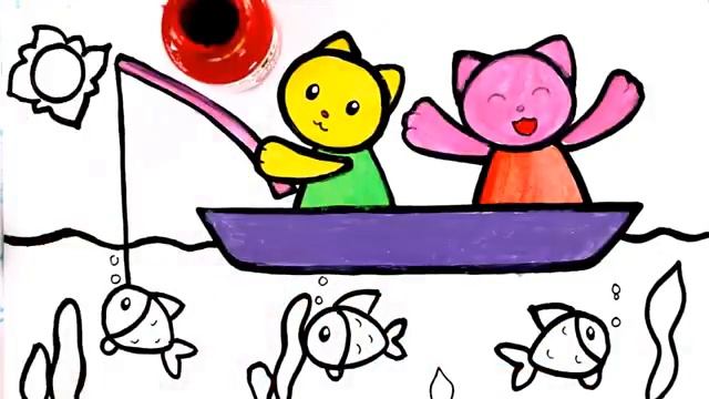 Colouring Book Cats Go Fishing On The Beach in Sunny Day | Kid Coloring TV смотреть онлайн