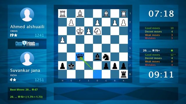 Chess Game Analysis: Ahmed alshuaili - Suvankar jana : 0-1 (By ChessFriends.com) смотреть онлайн