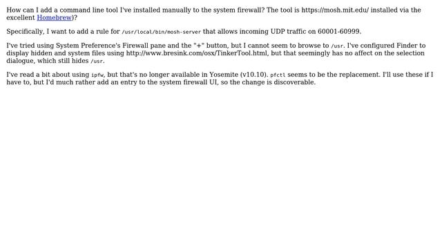 Apple: Firewall: Add command-line tool to rules (mosh-server) смотреть онлайн