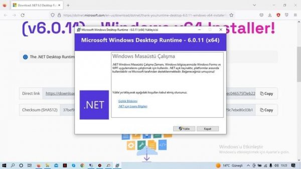 .NET 6.0 Desktop Runtime (v6.0.11) - Windows x64 Installer kurulum