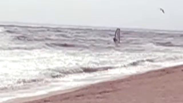 Виндсерфер режет волны по берегу в шторм Казантип смотреть онлайн