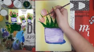 Как нарисовать тюльпаны. Рисуем цветы в горшке. Как нарисовать натюрморт к 8 марта. Натюрморт гуашь