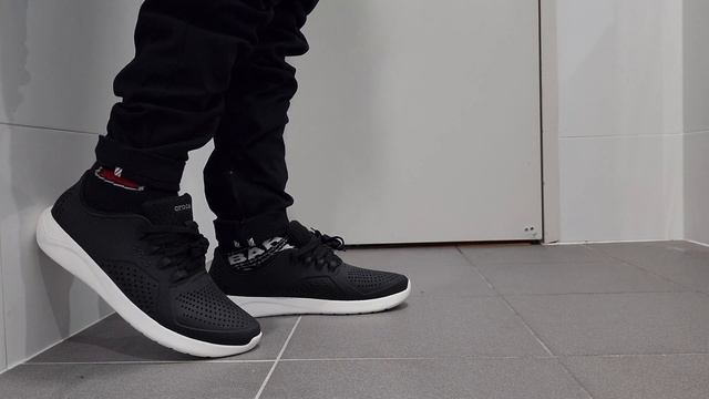 Crocs LiteRide Pacer Sneaker Black White On Feet