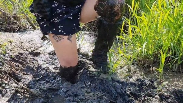 Girl in High Heels Boots stuck in deep mud and swamp, boots in mud, boots abuse (vol. 4)