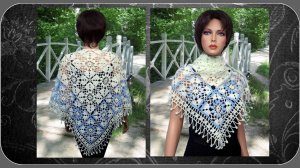 Шаль или бактус  из крупных цветных квадратных мотивов крючком с каймой