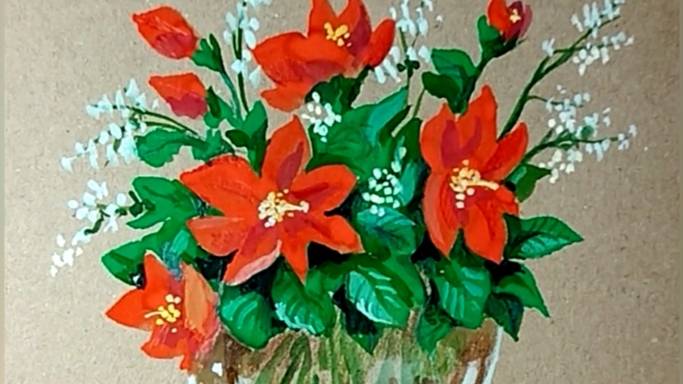 Как легко и просто нарисовать гуашью красные цветы в стеклянной вазе. смотреть онлайн