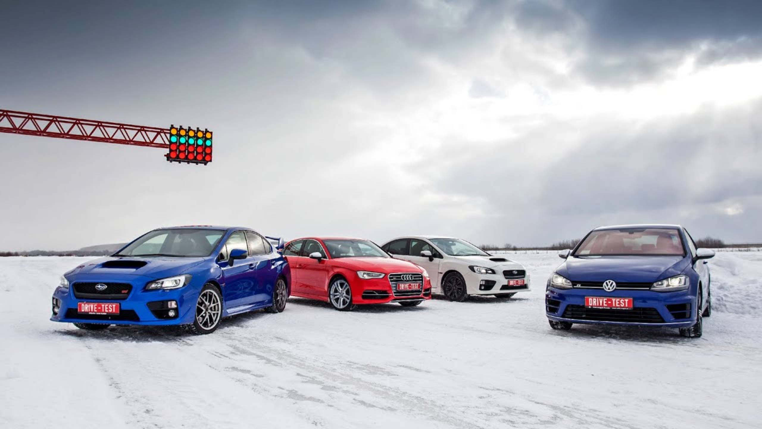 Subaru WRX, WRX STI, Audi S3 и Volkswagen Golf R на льду смотреть онлайн