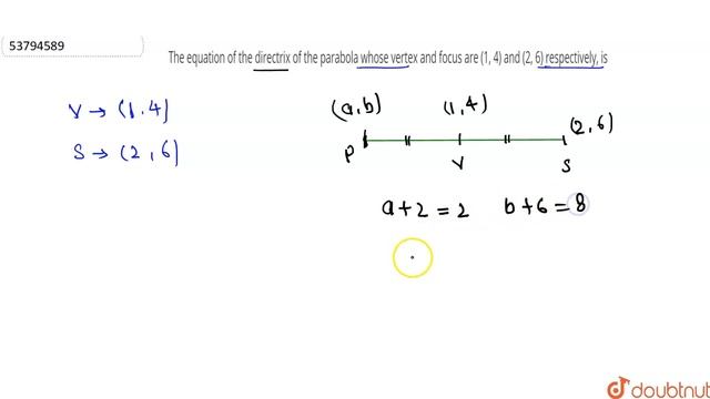 The equation of the directrix of the parabola whose vertex and focus are (1, 4) and (2, 6) смотреть онлайн