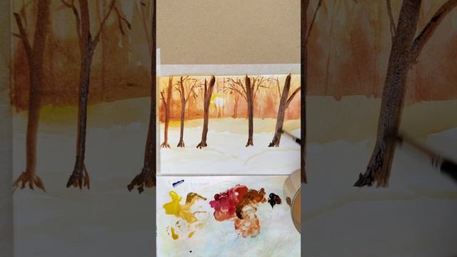 Осенне-зимний пейзаж. Рисунок акварелью