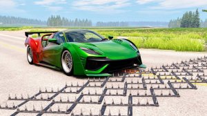 Массовые автомобильные аварии с шипами на полосе  – BeamNG Drive