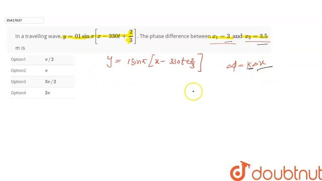 In a travelling wave, `y = 01 sin pi[x - 330t + (2)/(3)]`. The phase difference between смотреть онлайн