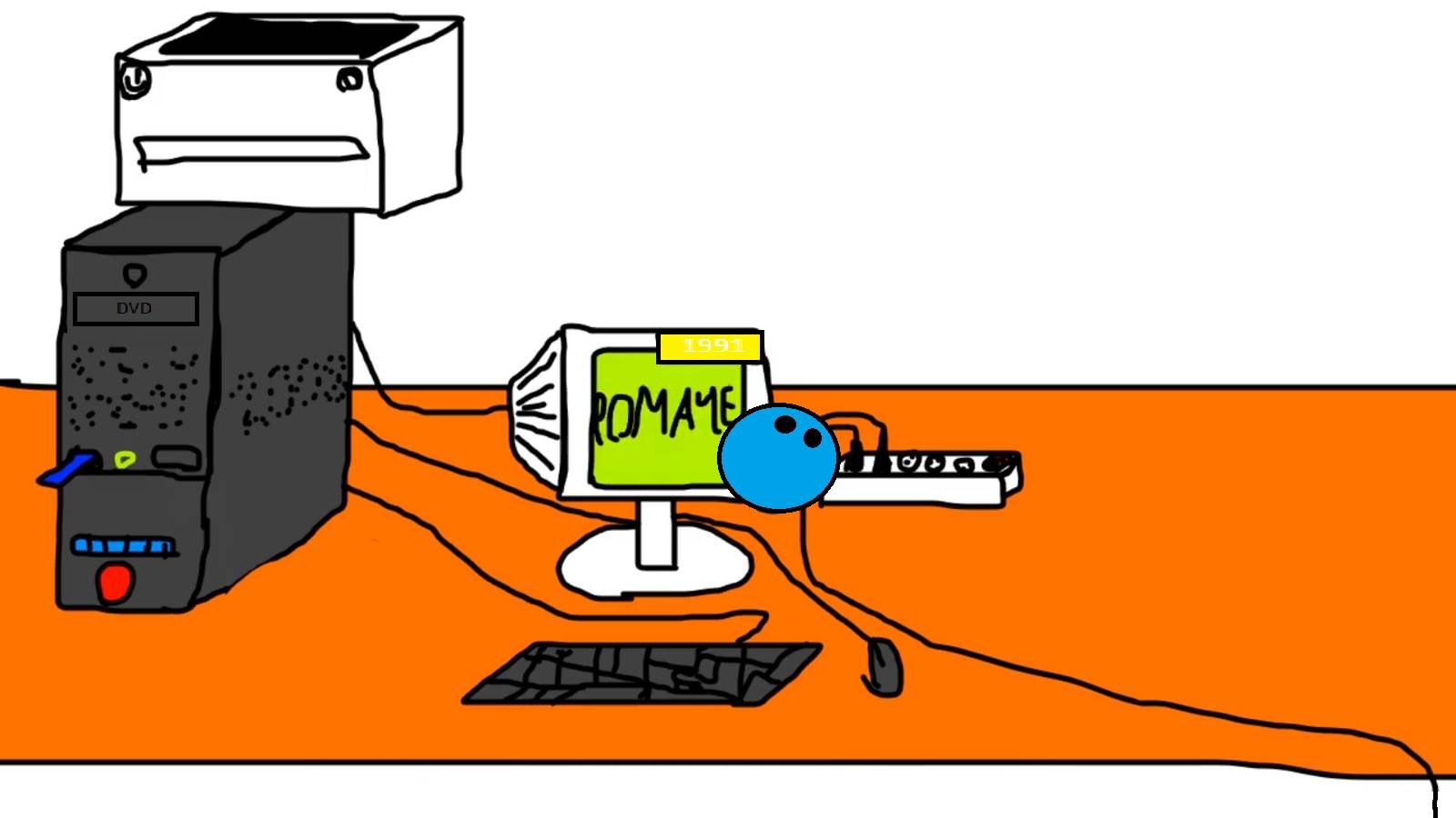 Злой офисный работник ломает монитор 1991 года