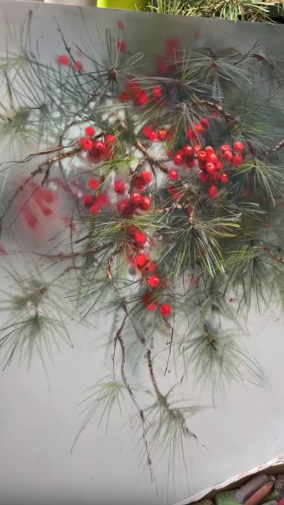 Рисуем зимний сюжет с сосновой веткой в смешанной технике: акварель+пастель. Художник Т.Каштальян смотреть онлайн