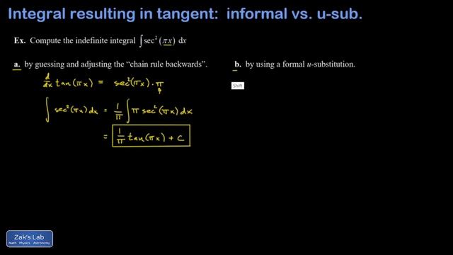 Integral of secant squared (sec(pi*x))^2 informally and with a u-substitution u=pi*x. смотреть онлайн
