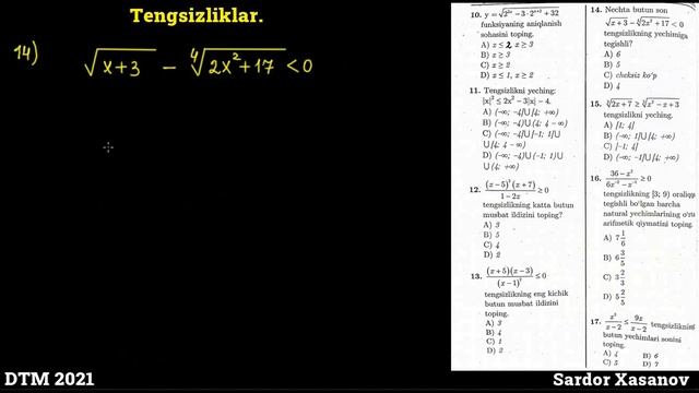 Tengsizliklar | 1-qism ( 1-25 Misollar ) | DTM 2021 Matematika Yechimlari | Sardor Xasanov
