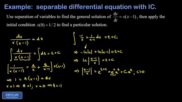 Solve dx/dt=x(x-1) with initial condition x(0)=1/2. Separation of variables with partial fractions смотреть онлайн