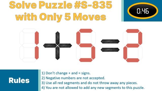 Seven Segment Puzzle no.S-835 ( 1 + 5 = 2) With solution. смотреть онлайн