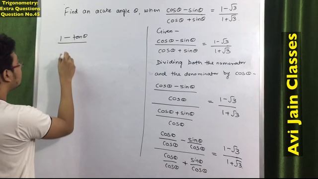 Find an acute angle θ when cosθ-sinθ/cosθ+sinθ=(1-√3)/(1+√3) | Trigonometry class 10 | смотреть онлайн