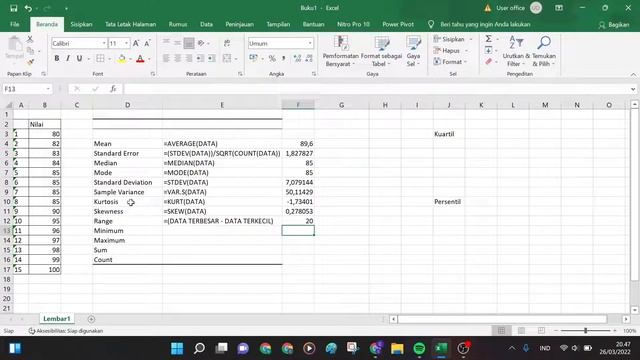 Mencari Mean, Median, Modus, Kuartil, dan Persentil dengan Data Tunggal di Ms Excel смотреть онлайн