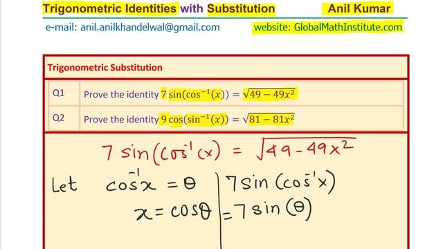 Prove Inverse Trigonometric Identity 7 sin(cos^(-1)(x) )=√(49-〖49x〗^2 ) Substitution Theorem смотреть онлайн
