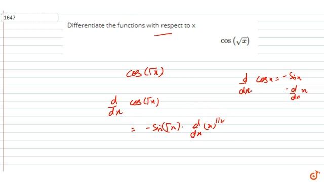 Differentiate the functions with respect to x `cos(sqrt(x))`... смотреть онлайн