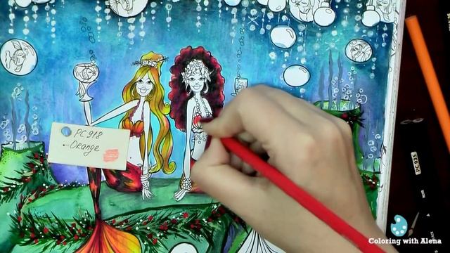 Coloring 'Mermaids in Paradise' Christmas Mermaids. Prismacolor pencils смотреть онлайн