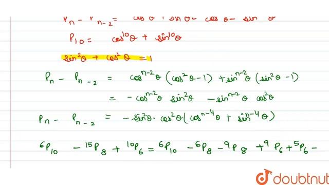 If P_(n) = cos^(n) theta + sin^(n) theta 6P_(10) -15P_(8) + 10P_(6) is equal to | 12 | TRIGNOME... смотреть онлайн