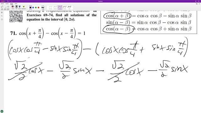 cos(x + pi/4) - cos(x - pi/4) = 1, solve for x смотреть онлайн