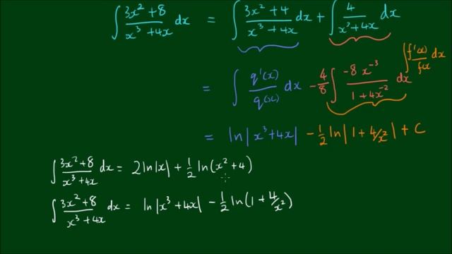 Integral of ∫ 3x^2+8 / x^3+4x dx with f'(x)/f(x) смотреть онлайн