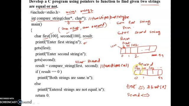 C program using pointers to function to find given two strings are equal or not. смотреть онлайн