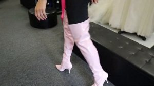 Victoria Tries Out Pleaser Baby Pink 5 Inch Single Sole High Heel Thigh High Boots with Test Walk