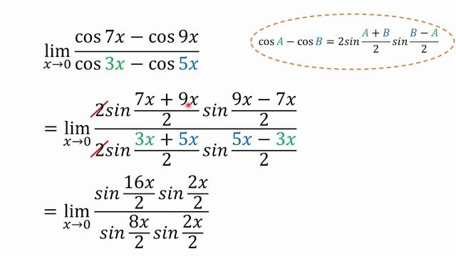 lim(𝑥→0)(cos7𝑥−cos9𝑥)/(cos3𝑥−cos5𝑥 ) смотреть онлайн