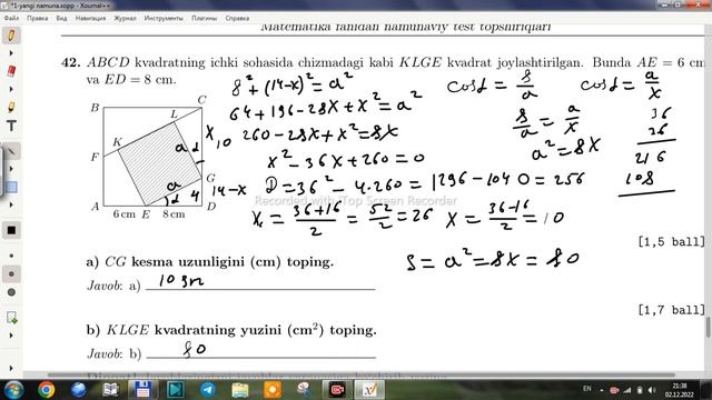 MATEMATIKADAN MILLIY SERTIFIKAT 4-TEST DAVOMI 37-45  (YANGI NAMUNADAGI MILLIY SERTIFIKAT SAVOLLARI)