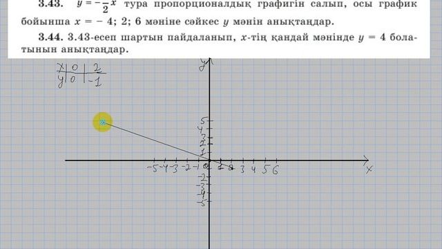 7 сынып. Алгебра. 3.43; 3.44 есеп. Тура пропорционалдықтың графигін салып, координаталарды анықтау. смотреть онлайн