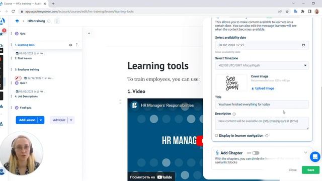 AcademyOcean LMS: Настройка даты открытия урока или квиза смотреть онлайн