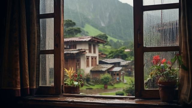 Rainy Village 4K /Rain Sound On Window / Heavy Rain For Sleep Study And Relaxation Meditation