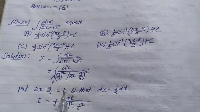 Integrate the function 1/√(9x-4x²) equals (A)1/9.sin^-1((9x-8)/8)+c (B)1/2.sin^-1((8x-9)/9)+c смотреть онлайн
