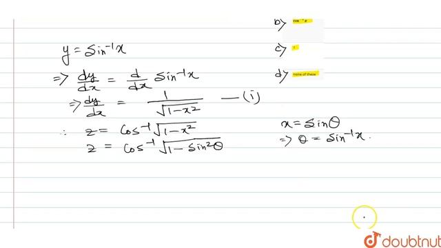 Derivative of `sin^(-1)x` w.r.t. `cos^(-1) sqrt(1-x^(2))` is - смотреть онлайн