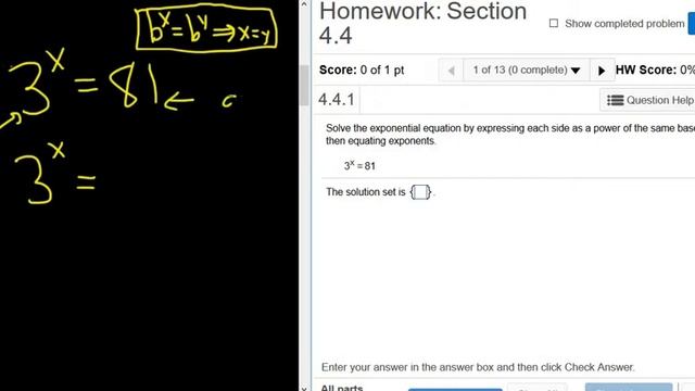 Solve the Equation 3^x = 81 by expressing each side with the same base MyMathlab Homework смотреть онлайн