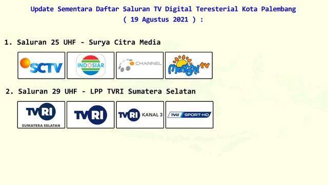 DAFTAR SIARAN TV DIGITAL TERESTERIAL (DVBT2) KOTA PALEMBANG 19 AGUSTUS 2021 смотреть онлайн