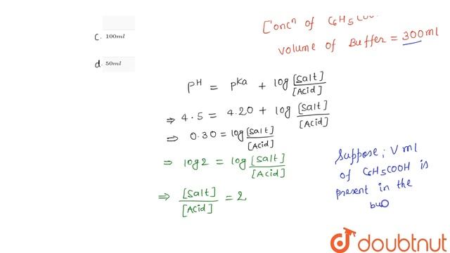 `pH` of a mixture of `1 M` benzoic acid (`pK_(a)=4.20`) and `1 M C_(6)H_(5)COONa` is `4.5`. In \ смотреть онлайн