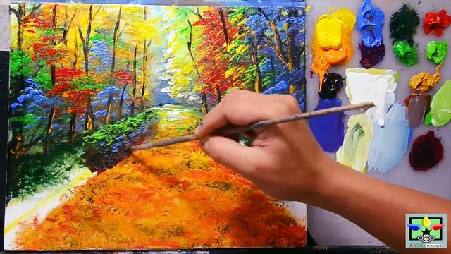 LANDSCAPE PAINTING TUTORIAL Park With Bench And Autumn Trees | Basic Acrylic Lesson