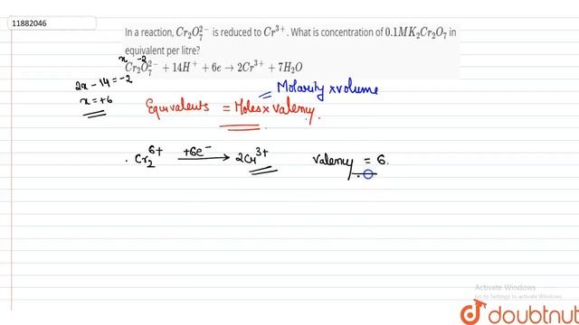 In a reaction, `Cr_(2)O_(7)^(2-)` is reduced to `Cr^(3+)`. What is concentration of `0.1M K смотреть онлайн