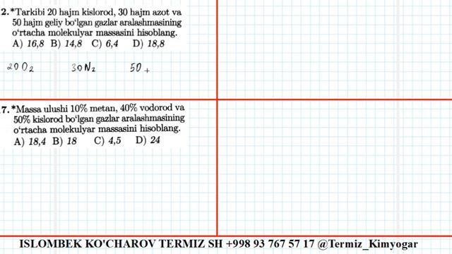 Gazlar Aralashmasi. O'rtacha Molekulyar Massa, Hajmiy Ulush Va Massa Ulushini Aniqlash.