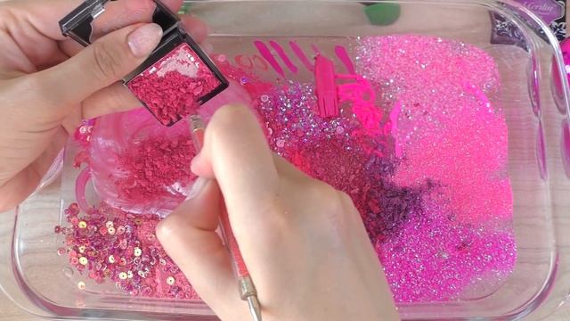 NEON PINK SLIME Mixing Makeup And Glitter Into Clear Slime Satisfying Slime Videos