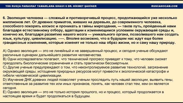 YDS Rusça Paragraf Tamamlama Deneme Sınavı 6 – Dr. Hikmet Şahiner