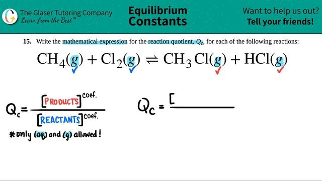 13.15a | Write the reaction quotient, Qc, for CH4(g) + Cl2(g) ⇌ CH3 Cl(g) + HCl(g) смотреть онлайн