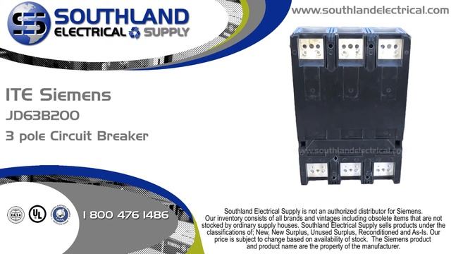ITE Siemens JD63B200, 200 Amp, 600 Volt, 3 Pole Circuit Breaker смотреть онлайн