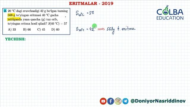 2-MASALA. Eritmalar. 2019-yil BAZA. KIMYO ONLAYN DARS