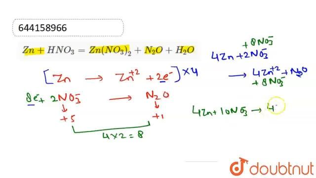 Zn + HNO_(3) = Zn (NO_(3))_(2) + N_(2) O + H_(2) O | CLASS 12 | OXIDATION NUMBER AND BALANCING ... смотреть онлайн